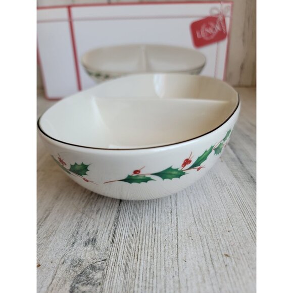 Lenox NEW white winter greetings divided oval bowl mistletoe Xmas kitchen - Picture 5 of 9